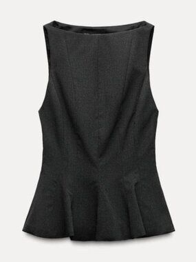 NWOT - Zara - Dark Grey Ruffled Sleeveless Fitted Top - Size Large
